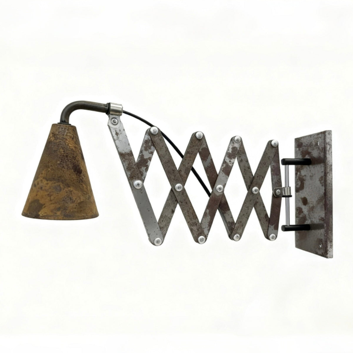 Medieval industrial style folding scissors B&B café bar atmosphere rusty old long arm corridor American wall lamp