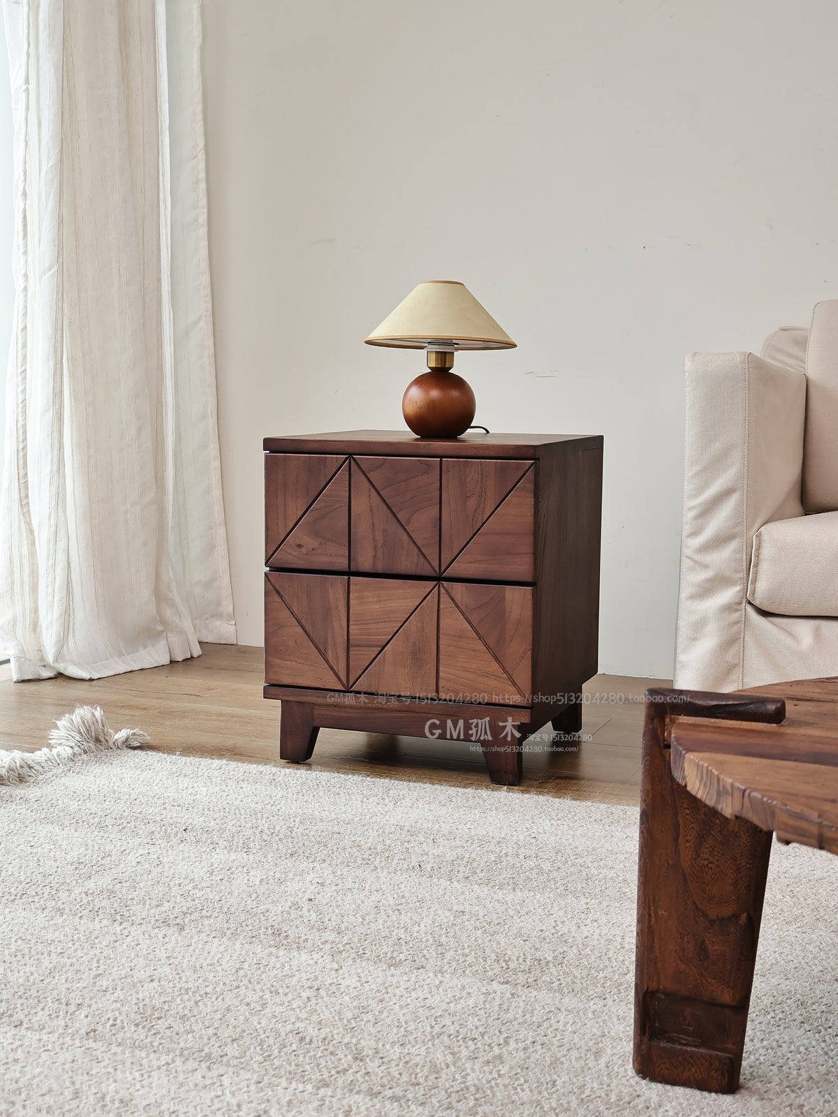 Black walnut nightstand, modern minimalist Nordic bedroom furniture, solid wood bedside cabinet, elm wood storage cabinet