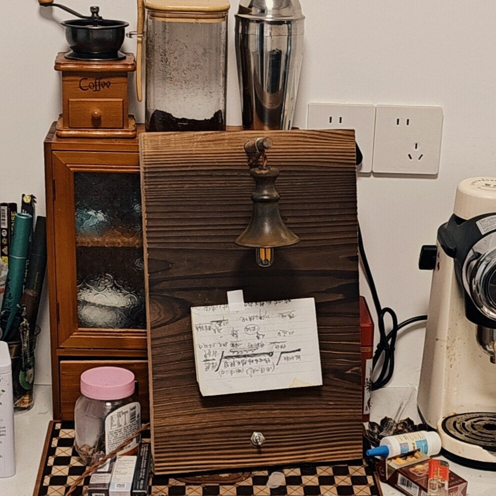 Pre-loved hand-made, old-fashioned, wabi-sabi, retro living room, bedroom, bedside, hallway, aisle, B&B, café, solid wood board table lamp