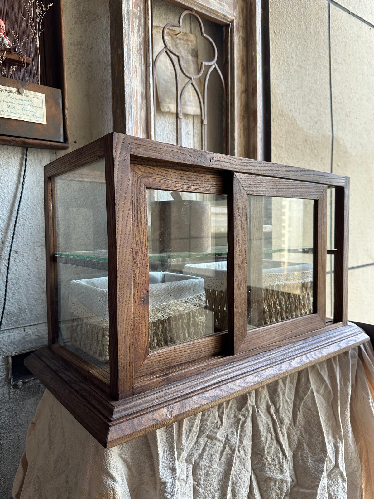 Vintage solid wood glass display cabinet
