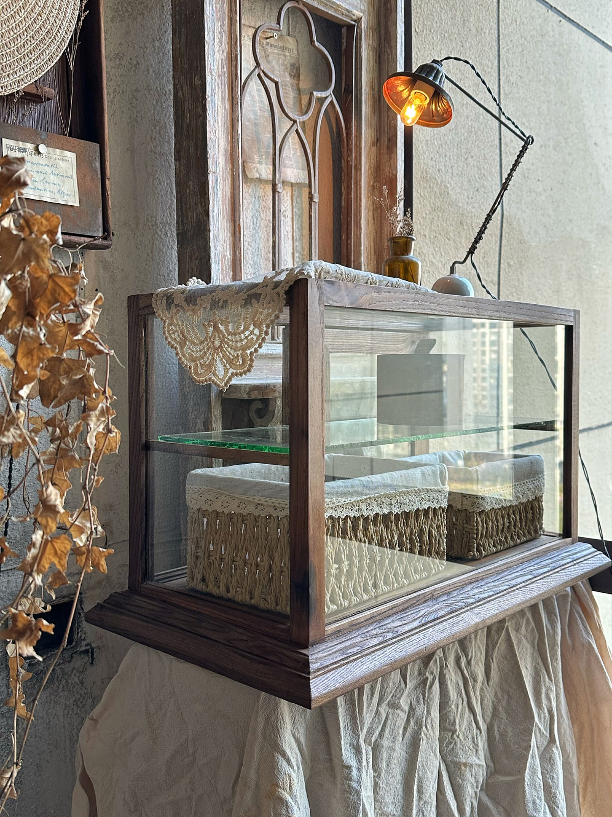Vintage solid wood glass display cabinet