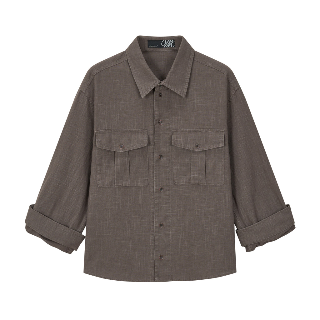 VLABMADE vintage hunting bag slub linen shirt, men's and women's autumn distressed three-quarter sleeve rolled sleeve jacket top