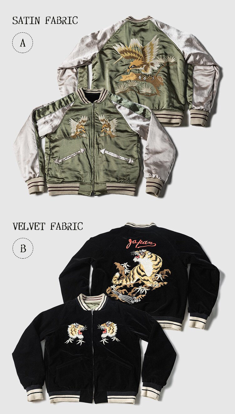 Tiger Falcon Double NonStock Green and Black Reversible Vintage Yokosuka Velvet Acetate Oriental Embroidered Jacket