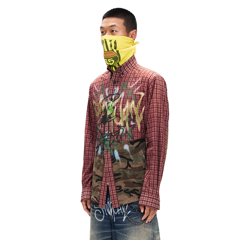 BUMPY Unisex Graffiti Patchwork Camouflage Plaid Shirt