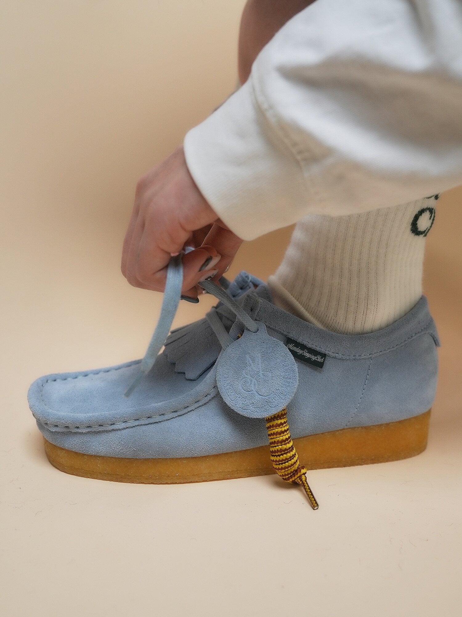Monday Sleeping Club Sleep Academy logo embossed with retro suede cowhide kangaroo shoes