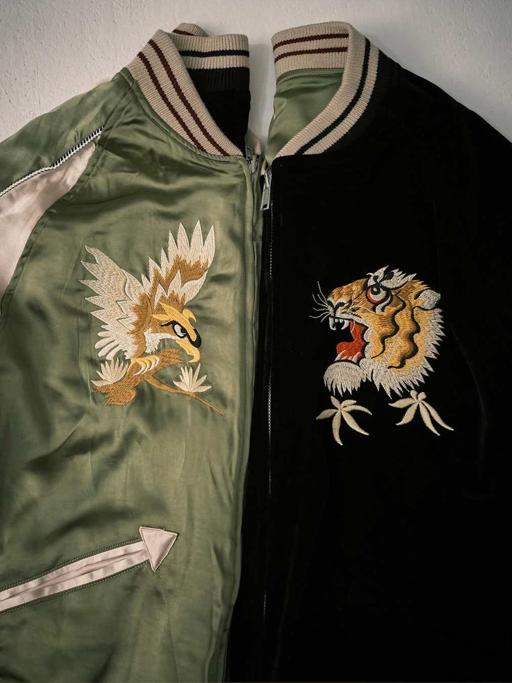Tiger Falcon Double NonStock Green and Black Reversible Vintage Yokosuka Velvet Acetate Oriental Embroidered Jacket