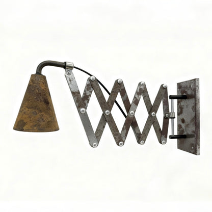 Medieval industrial style folding scissors B&B café bar atmosphere rusty old long arm corridor American wall lamp