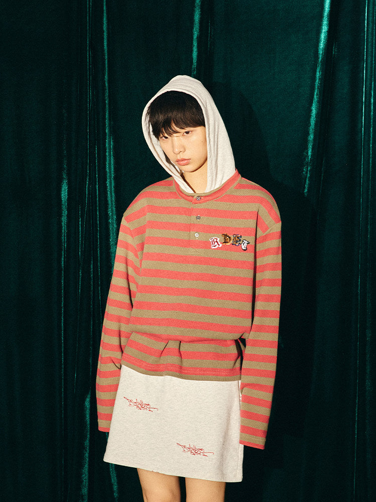 Randomevent Detachable Contrast Hooded Striped Long Sleeve Shirt Men's and Women's Tops 25SS