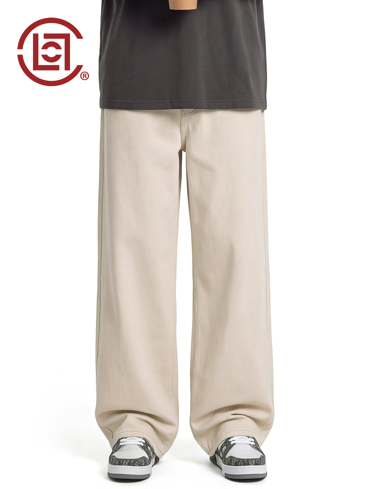 CLOTTEE by CLOT Off-White Loose Washed Jeans for Men, Pure Cotton Straight-Leg Casual Long Pants for Autumn, K