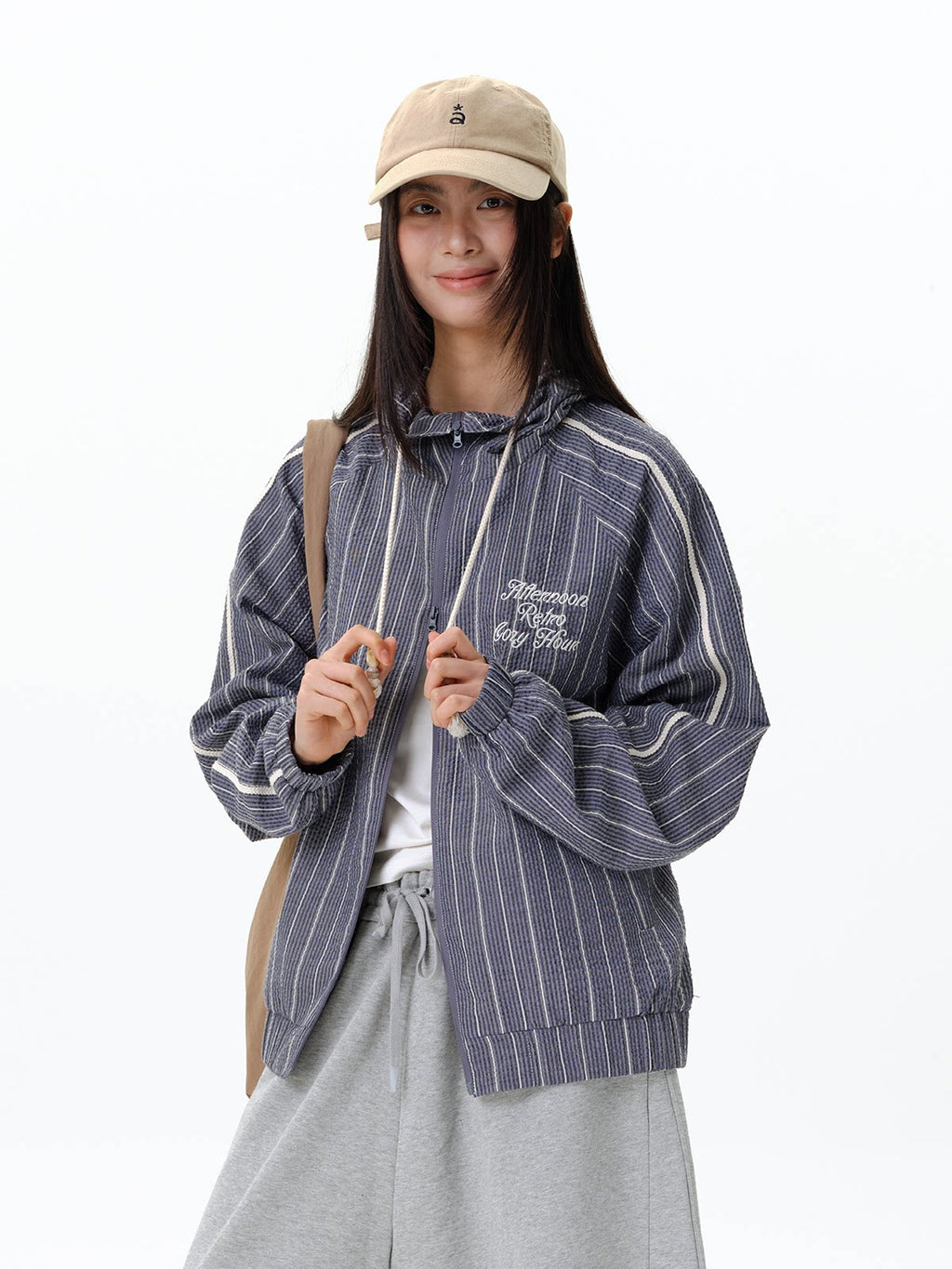 RoaringWild A Arch Striped Casual Vintage Jacket with Double Zipper Hooded Jacket for Men