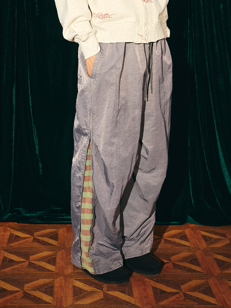 Randomevent [Spring New] washed, nylon, wide-leg, pleated trousers, striped panels, high street wear