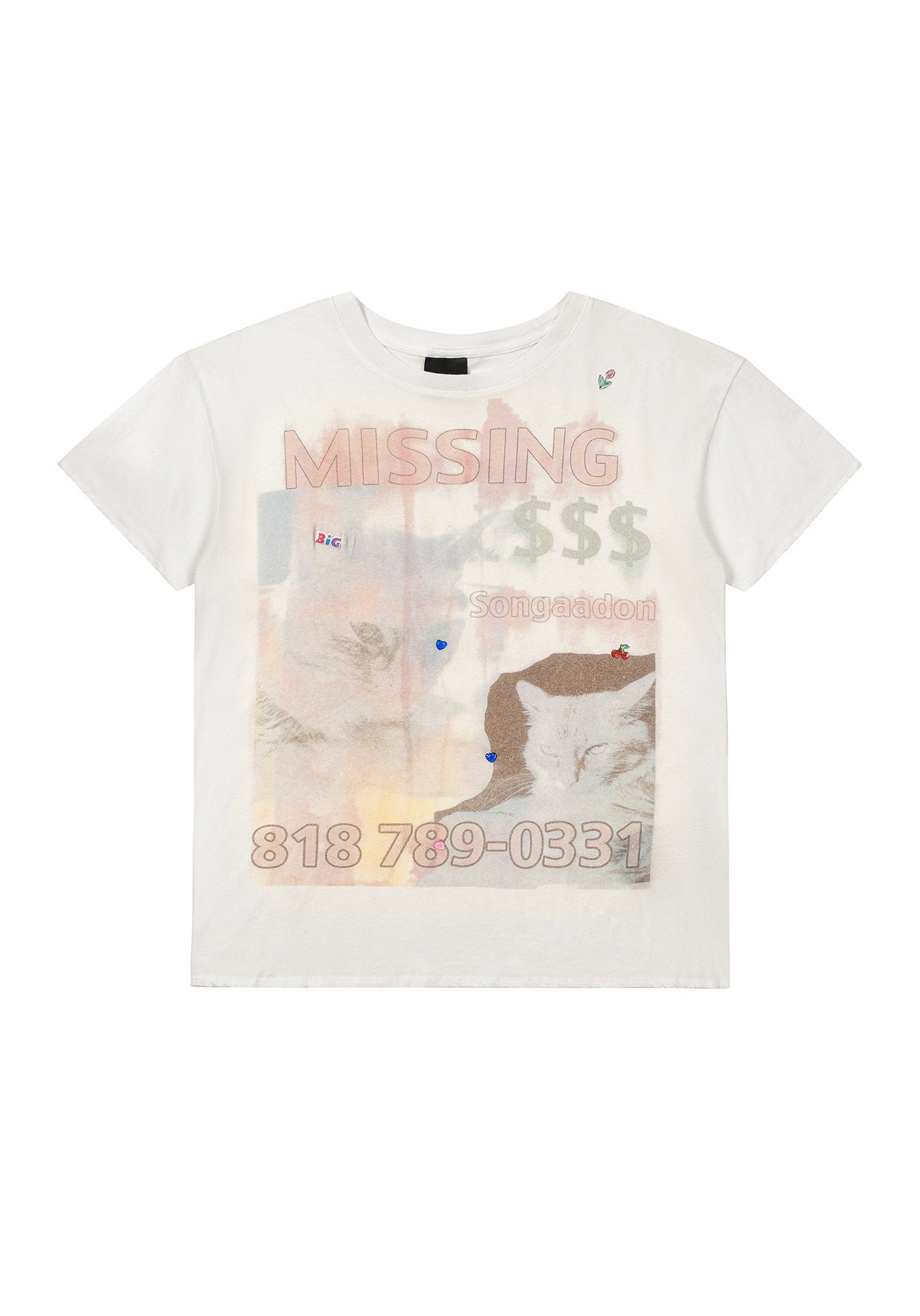 SONGAADON 26FW MISSING CAT three-dimensional hot painting hot diamond linen light T-shirt