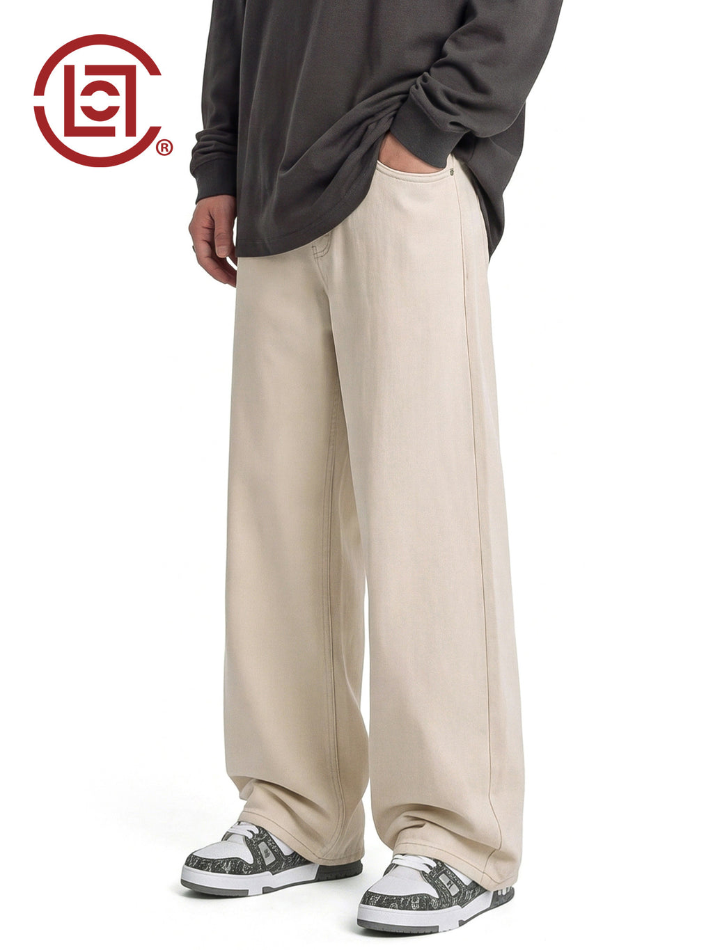 CLOTTEE by CLOT Off-White Loose Washed Jeans for Men, Pure Cotton Straight-Leg Casual Long Pants for Autumn, K