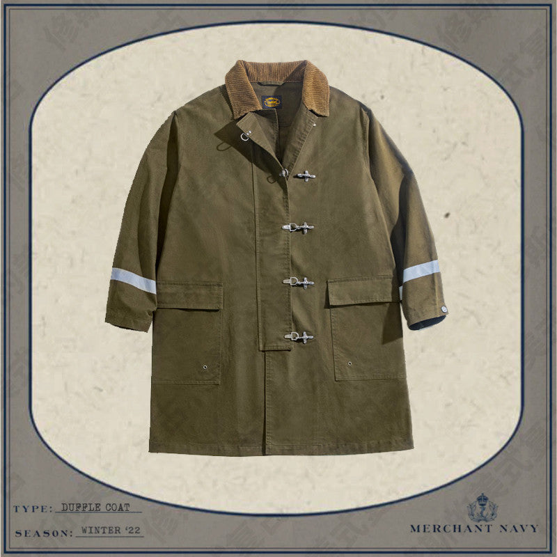 American retro firefighter coat Cotton army green hook button reflective strip loose long trench coat
