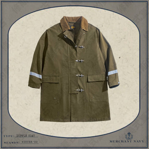 American retro firefighter coat Cotton army green hook button reflective strip loose long trench coat