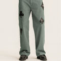 Randomevent poker cargo pants, leather tag patches, lumberjacks, washed ready-to-wear, dyed cotton, slub texture