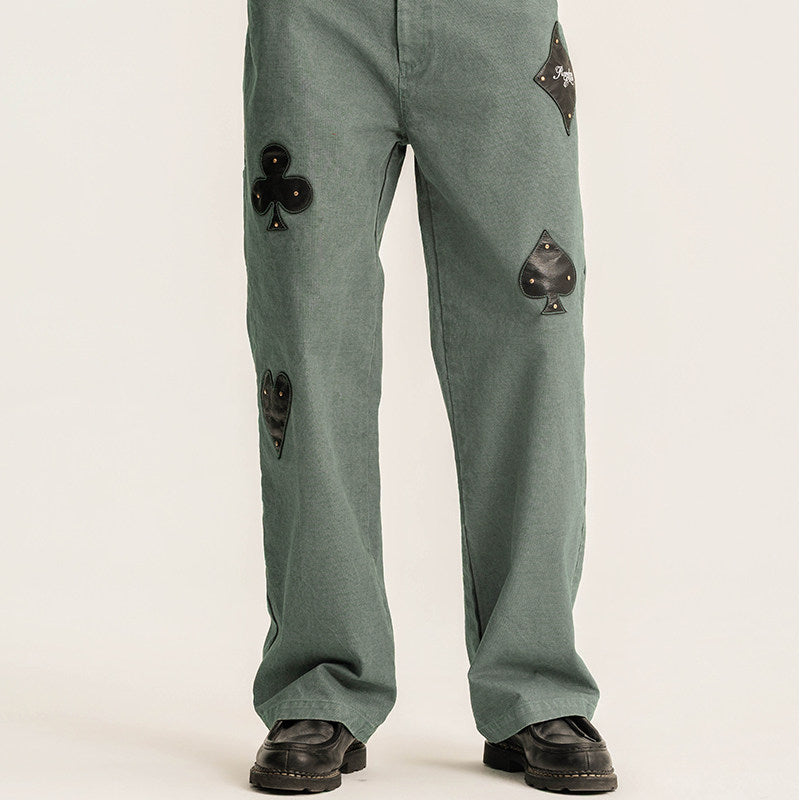 Randomevent poker cargo pants, leather tag patches, lumberjacks, washed ready-to-wear, dyed cotton, slub texture