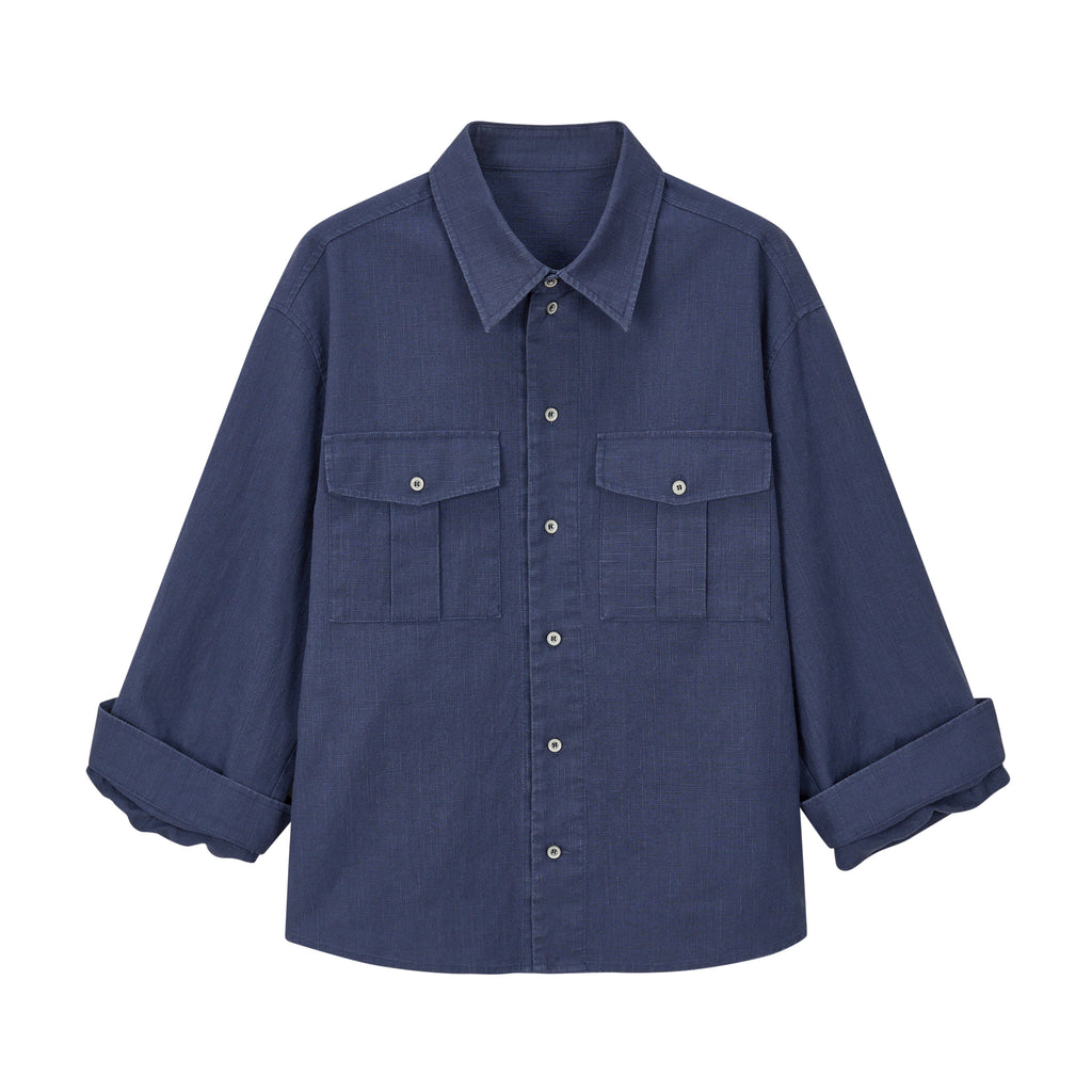 VLABMADE vintage hunting bag slub linen shirt, men's and women's autumn distressed three-quarter sleeve rolled sleeve jacket top