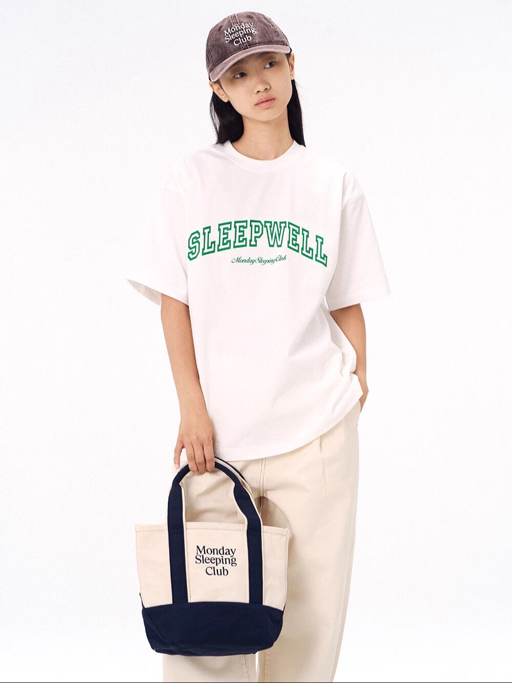 Monday Sleeping Club standard font graphic embroidery color-block tote bag