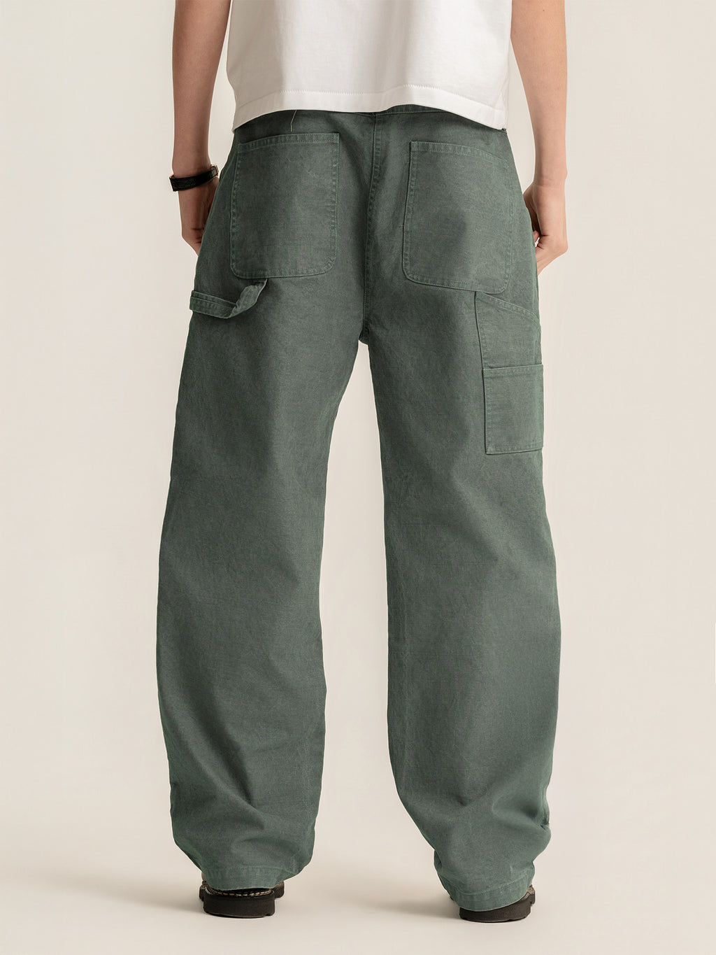 Randomevent poker cargo pants, leather tag patches, lumberjacks, washed ready-to-wear, dyed cotton, slub texture