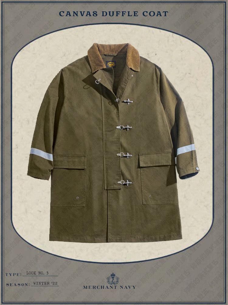 American retro firefighter coat Cotton army green hook button reflective strip loose long trench coat