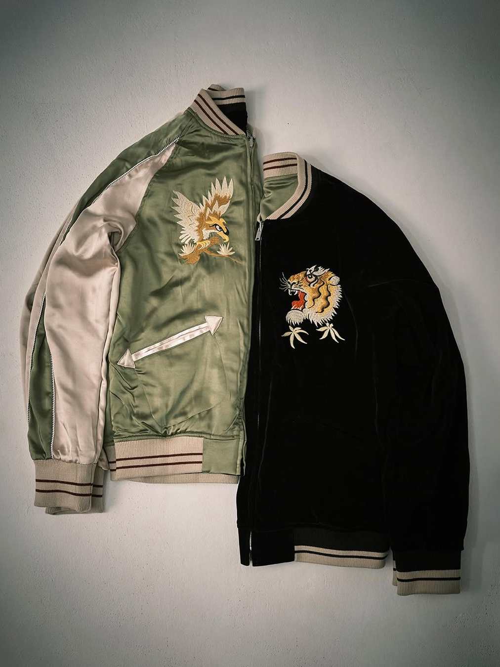 Tiger Falcon Double NonStock Green and Black Reversible Vintage Yokosuka Velvet Acetate Oriental Embroidered Jacket