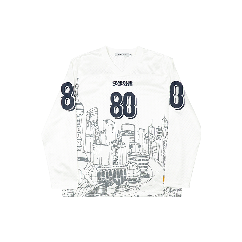 AVENUE&SON Avenue Son 2026 Black and White Two-Tone Mesh City Print Long-Sleeve Football T-Shirt