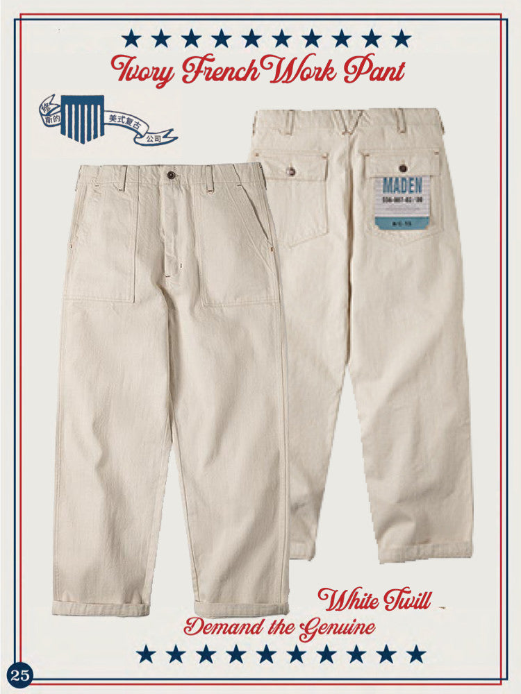 French hemp retro worker pants embryo white cottonseed shell American loose twill French Pant