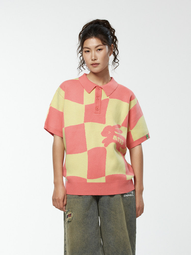 MeltingSadness spring/summer irregular plaid knit short-sleeve Polo