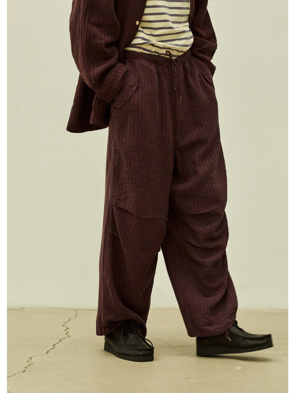 U.Sage SS25 (USAGE) OverTRS Vintage Jacquard Texture Cotton & Linen Silhouette Leg Drawstring Parachute Pants