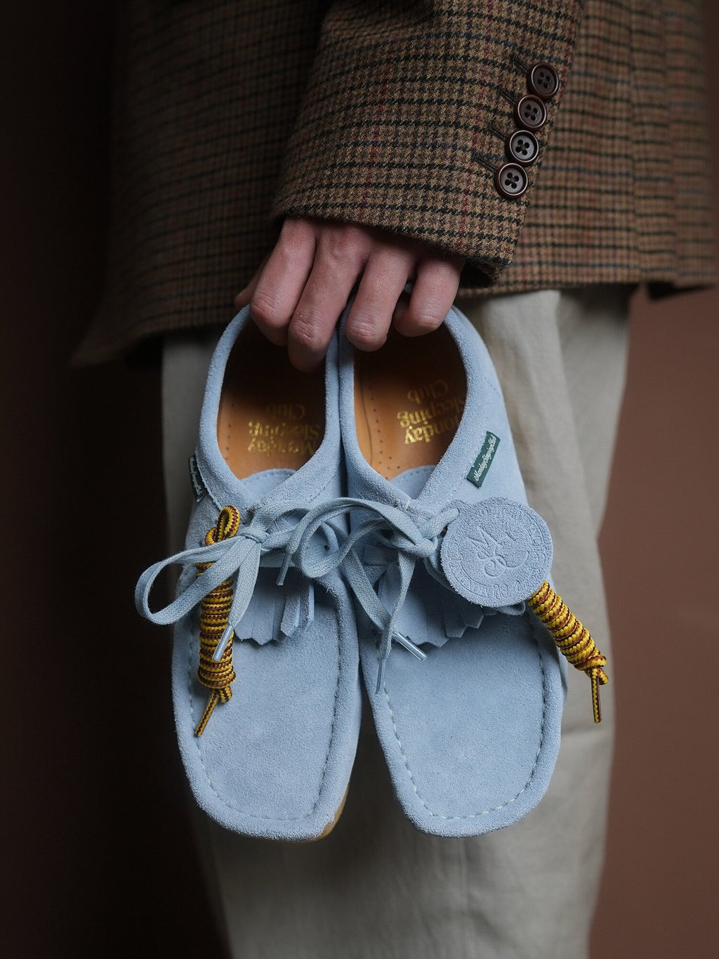 Monday Sleeping Club Sleep Academy logo embossed with retro suede cowhide kangaroo shoes