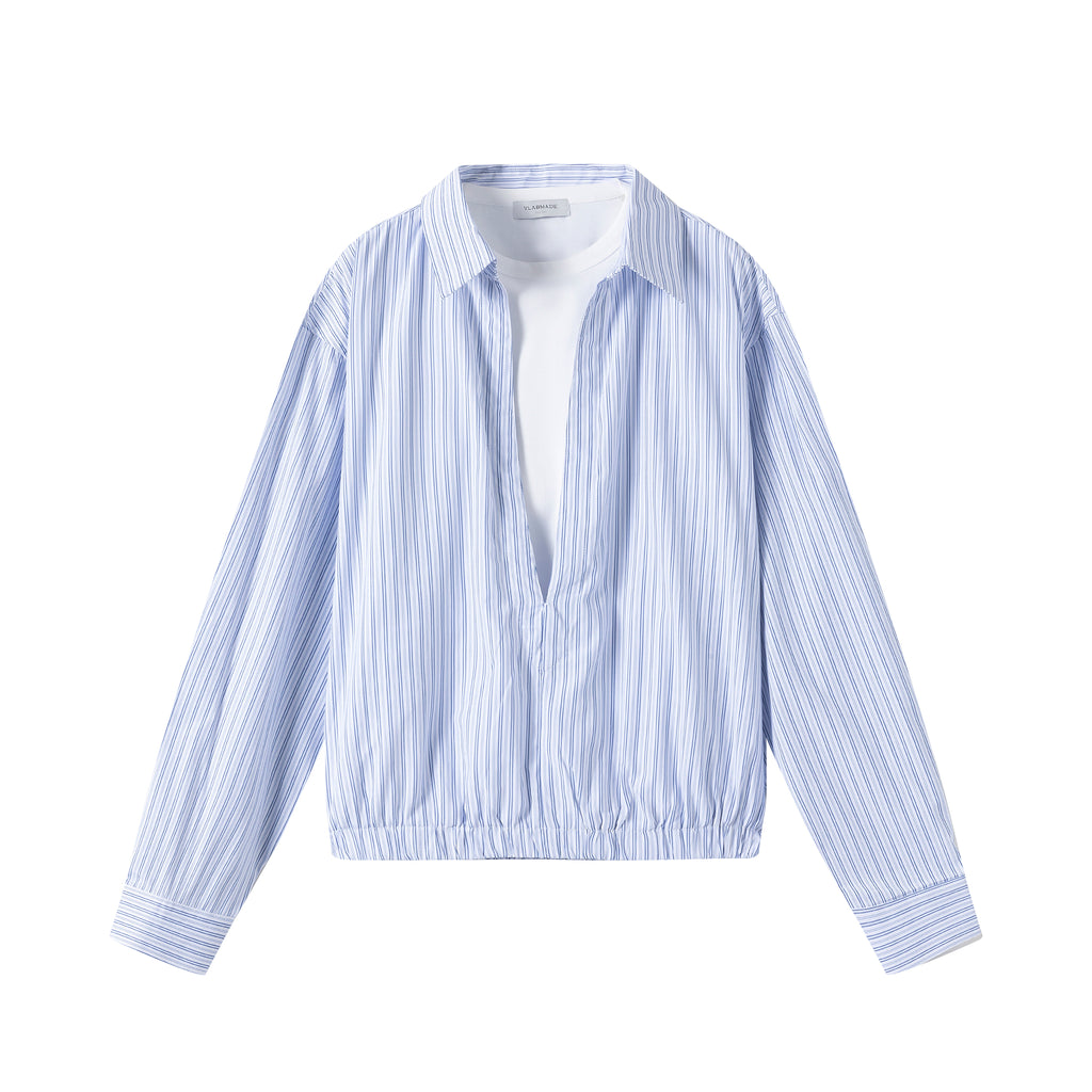 VLABMADE relaxed striped deep V-neck fake two-piece shirt shirt men's short and wide fit commuter top