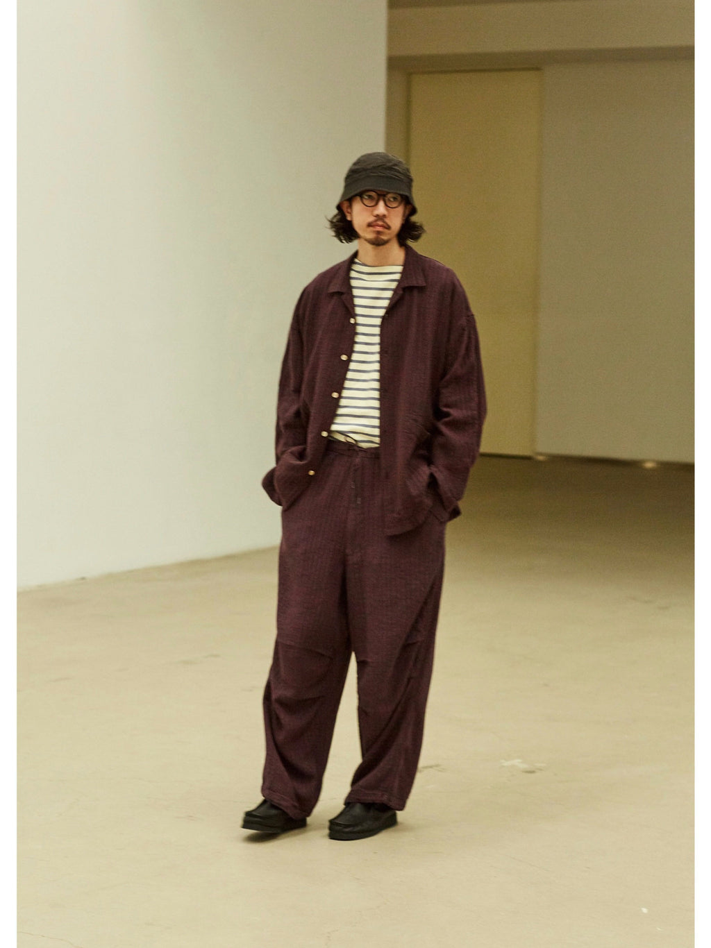 U.Sage SS25 (USAGE) OverTRS Vintage Jacquard Texture Cotton & Linen Silhouette Leg Drawstring Parachute Pants