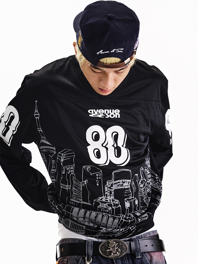 AVENUE&SON Avenue Son 2026 Black and White Two-Tone Mesh City Print Long-Sleeve Football T-Shirt