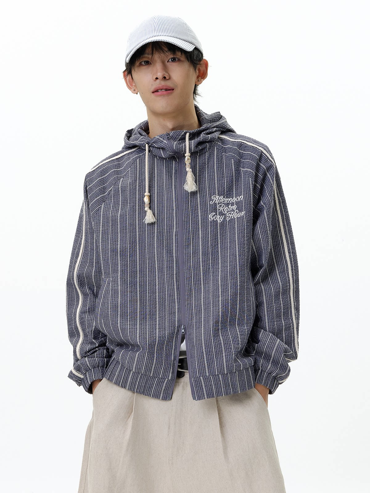 RoaringWild A Arch Striped Casual Vintage Jacket with Double Zipper Hooded Jacket for Men