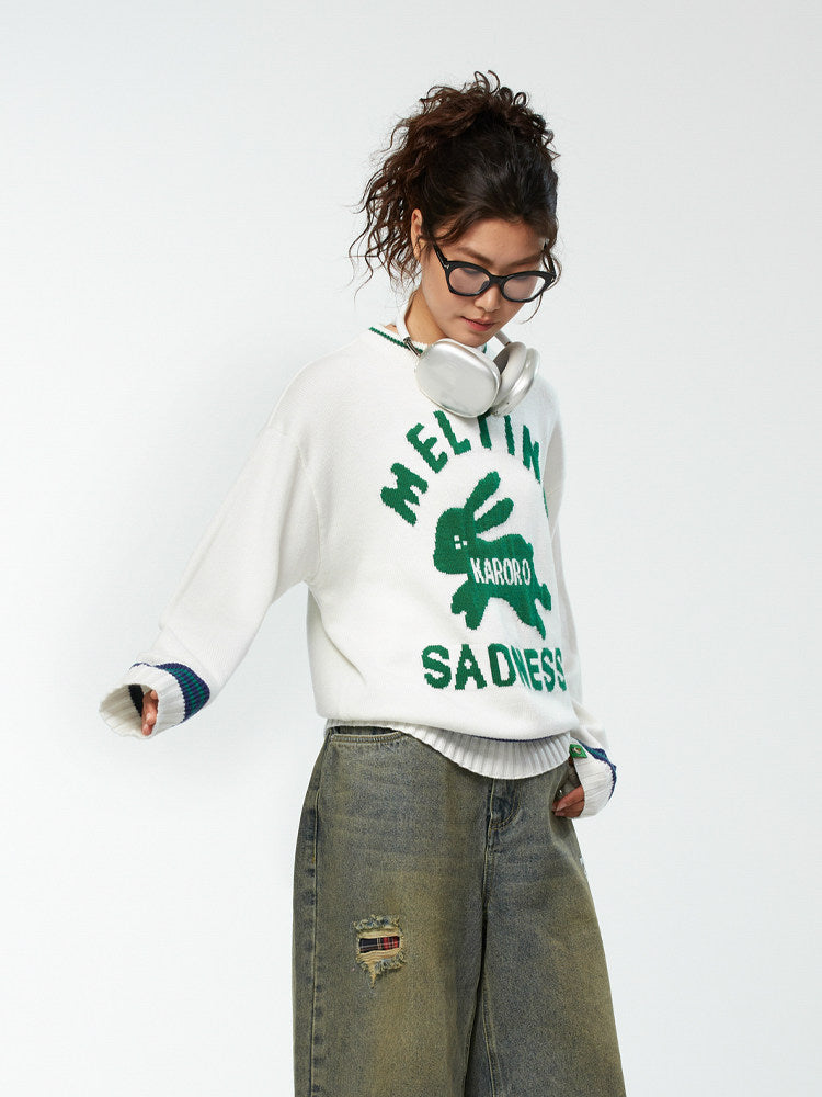 MeltingSadness spring couple knit basic logo jacquard crewneck sweater for a lazy look
