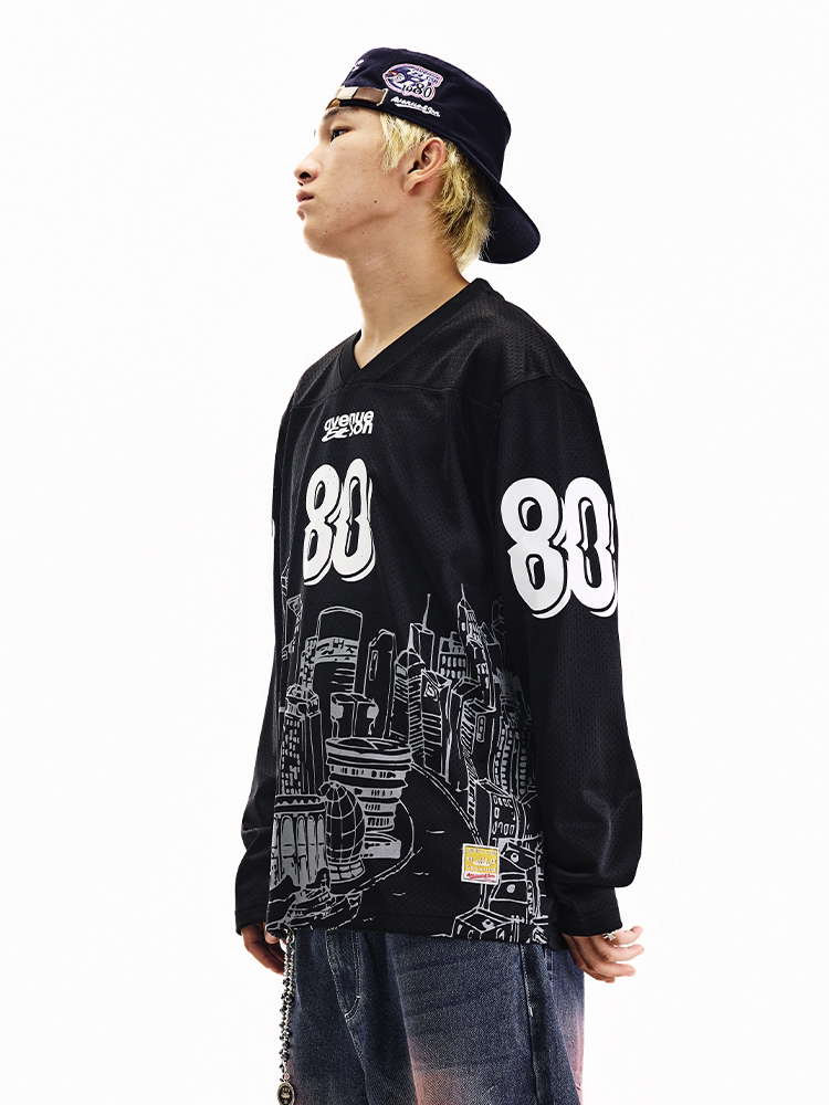 AVENUE&SON Avenue Son 2026 Black and White Two-Tone Mesh City Print Long-Sleeve Football T-Shirt