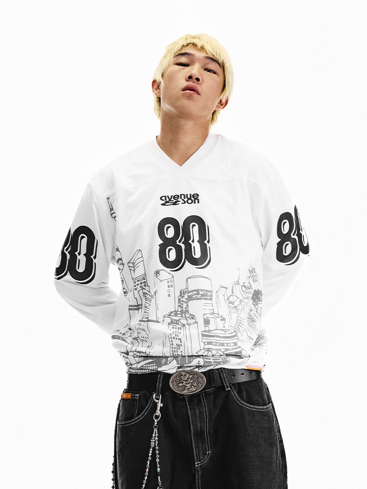 AVENUE&SON Avenue Son 2026 Black and White Two-Tone Mesh City Print Long-Sleeve Football T-Shirt