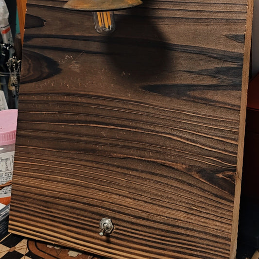 Pre-loved hand-made, old-fashioned, wabi-sabi, retro living room, bedroom, bedside, hallway, aisle, B&B, café, solid wood board table lamp