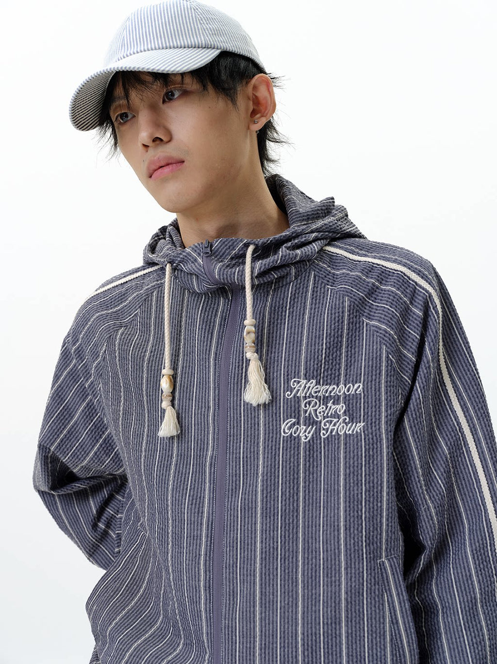 RoaringWild A Arch Striped Casual Vintage Jacket with Double Zipper Hooded Jacket for Men