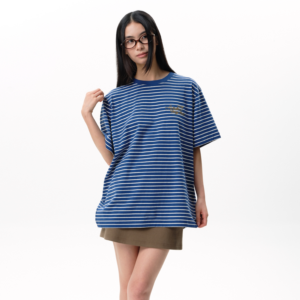 RoaringWild A Arch Roaring Beast Color-Blocked Striped Crew Neck Short Sleeve Loose Embroidered Commuter T-shirt for Men