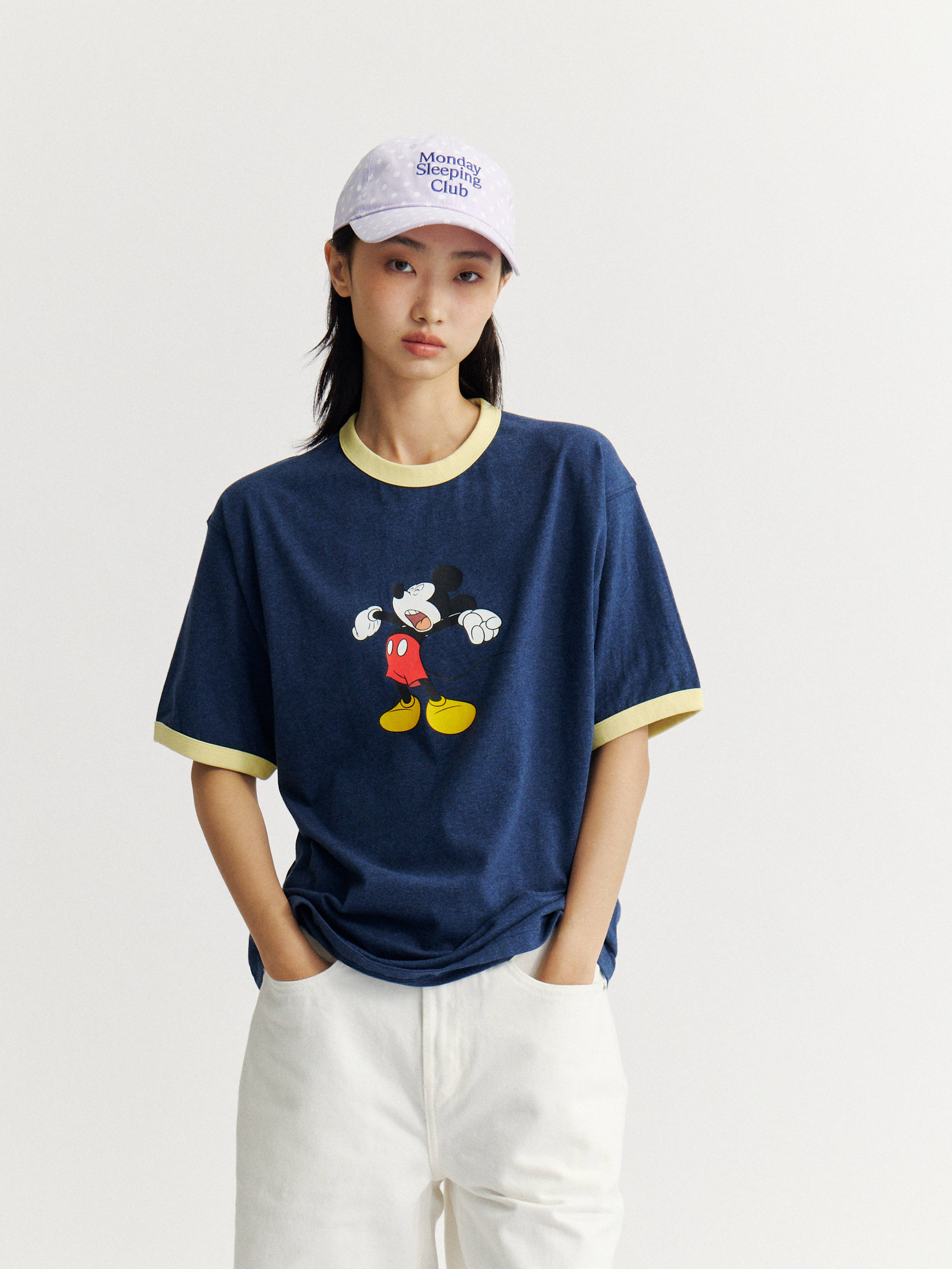 Mondaysleepingclub & DISNEY collaboration series "Lazy Mickey" color-blocked collar printed T-shirt