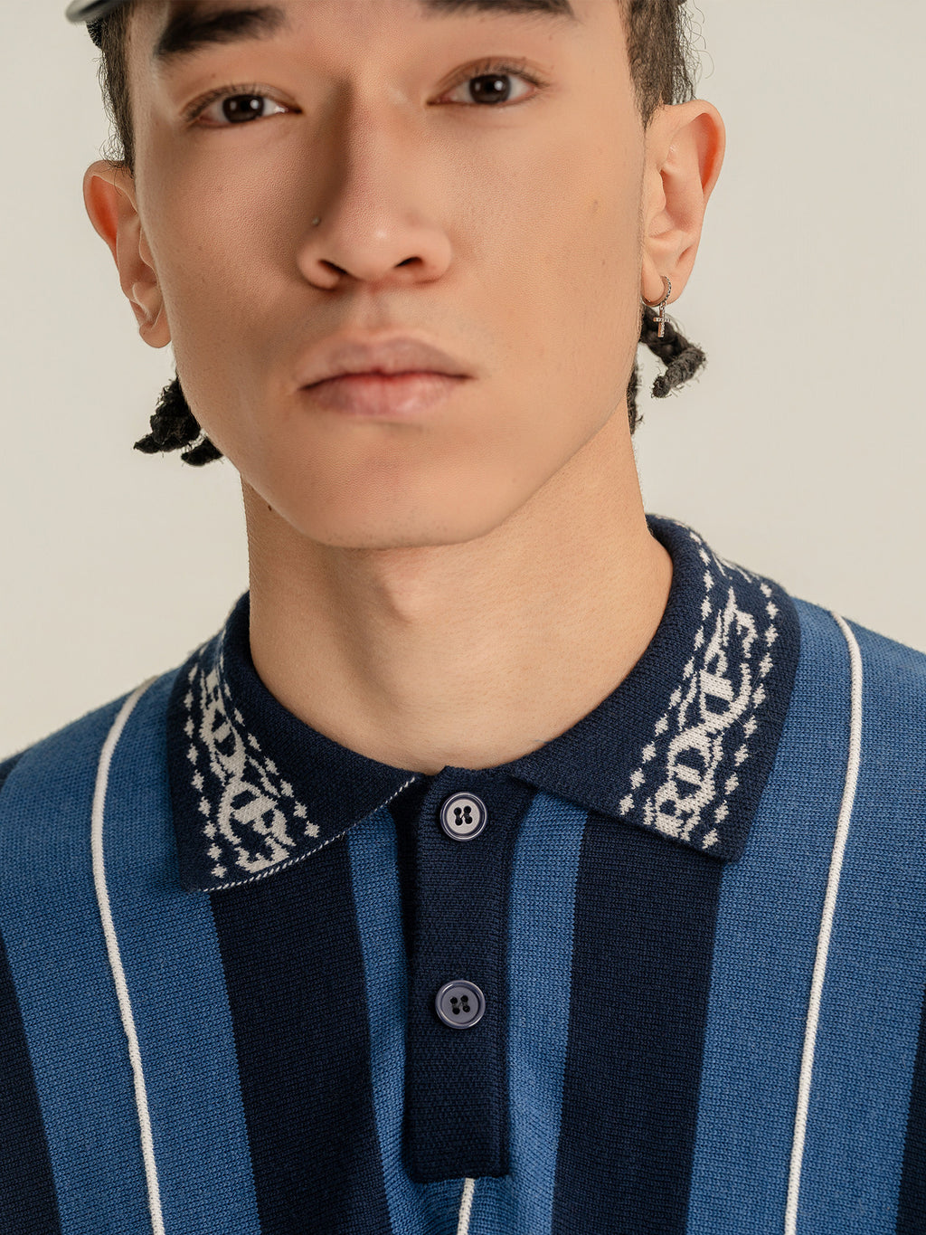 Randomevent striped knit referee POLO loose wool and cashmere blend three-dimensional stripes