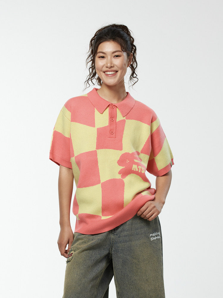 MeltingSadness spring/summer irregular plaid knit short-sleeve Polo