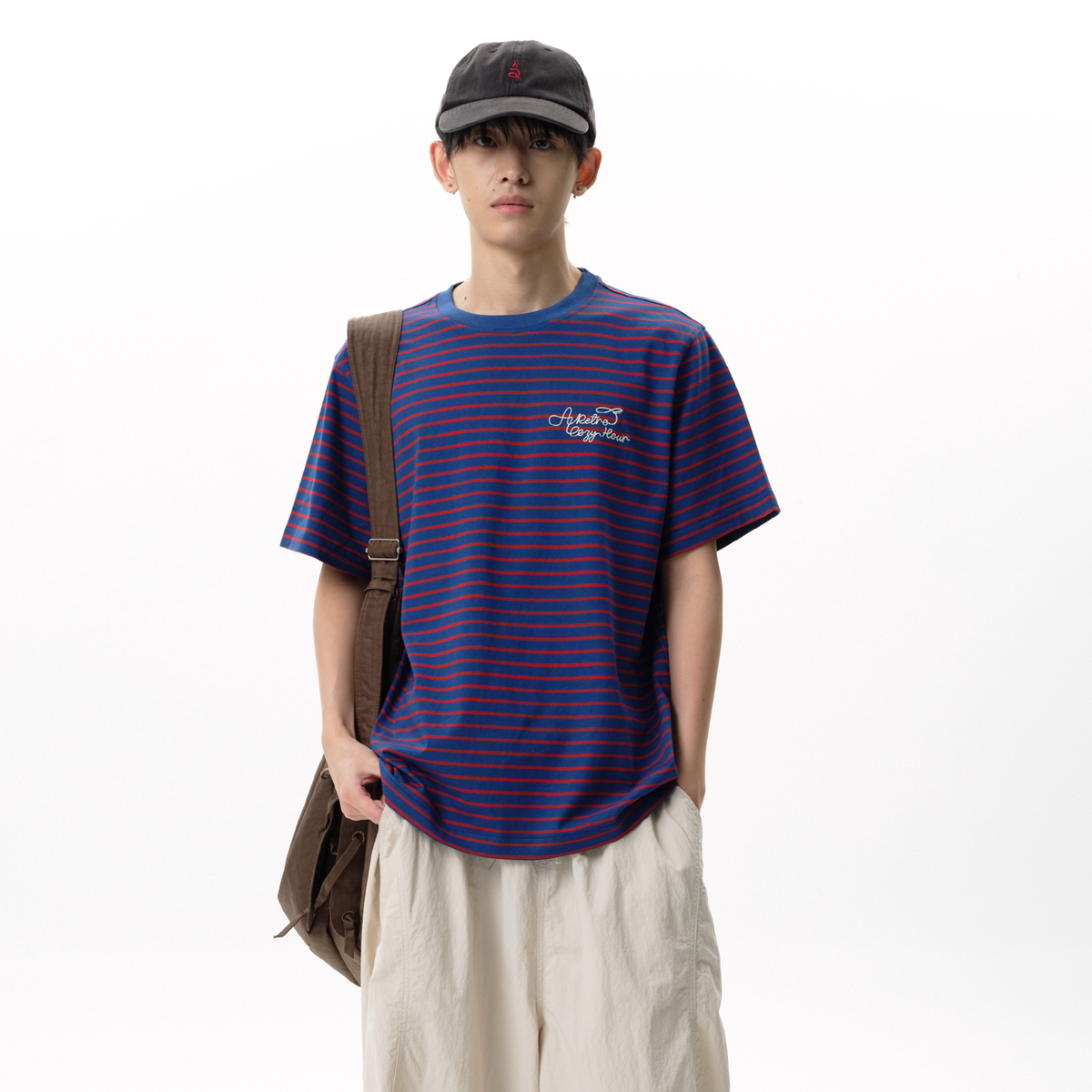 RoaringWild A Arch Roaring Beast Color-Blocked Striped Crew Neck Short Sleeve Loose Embroidered Commuter T-shirt for Men