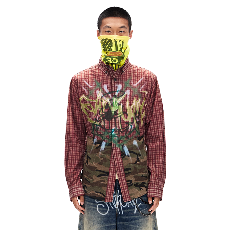 BUMPY Unisex Graffiti Patchwork Camouflage Plaid Shirt