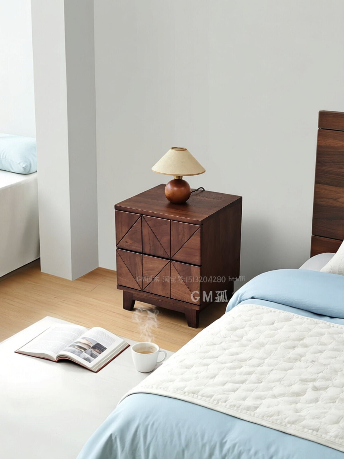 Black walnut nightstand, modern minimalist Nordic bedroom furniture, solid wood bedside cabinet, elm wood storage cabinet