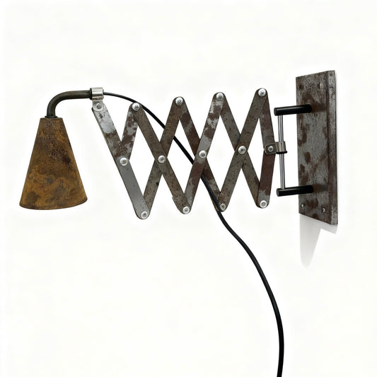 Medieval industrial style folding scissors B&B café bar atmosphere rusty old long arm corridor American wall lamp