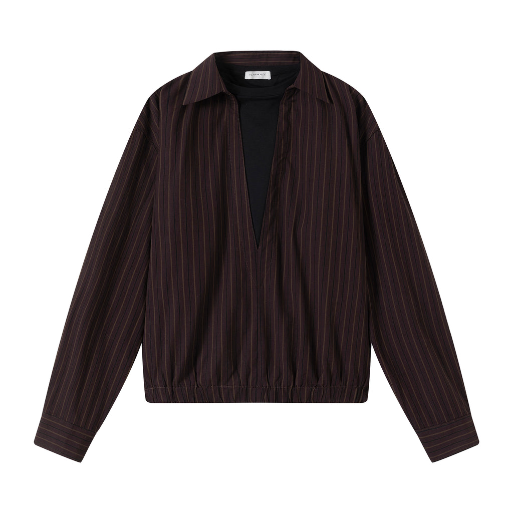 VLABMADE relaxed striped deep V-neck fake two-piece shirt shirt men's short and wide fit commuter top