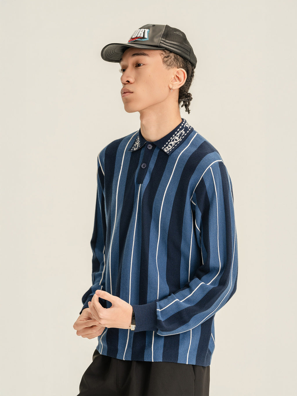 Randomevent striped knit referee POLO loose wool and cashmere blend three-dimensional stripes